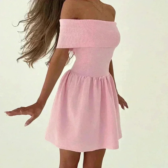 Pink Elegant Women's Off-Shoulder Mini Dress In Romantic Color - Picture 5 of 6